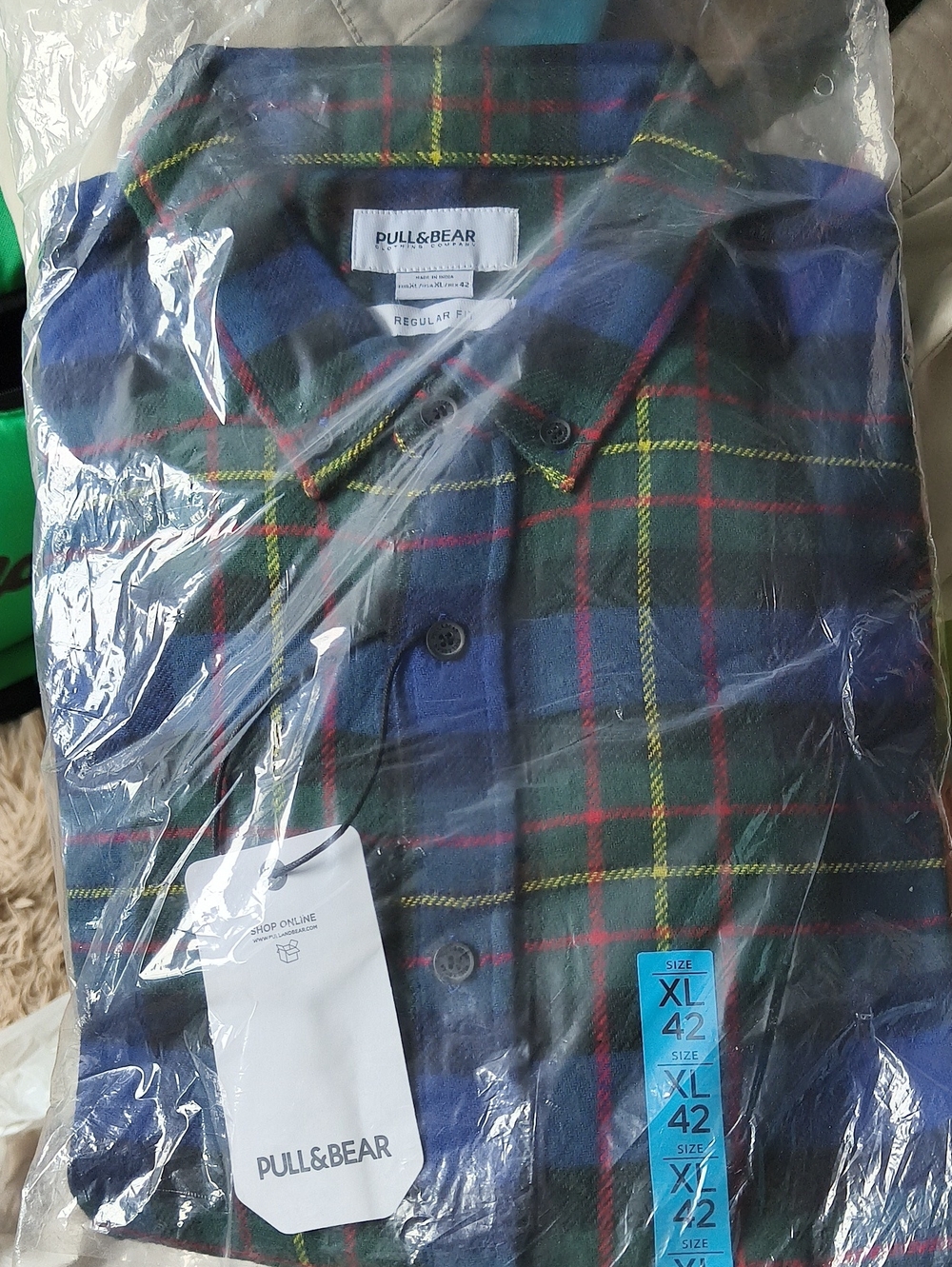 Pull&Bear Blue and Green Tartan Button-Down Shirt